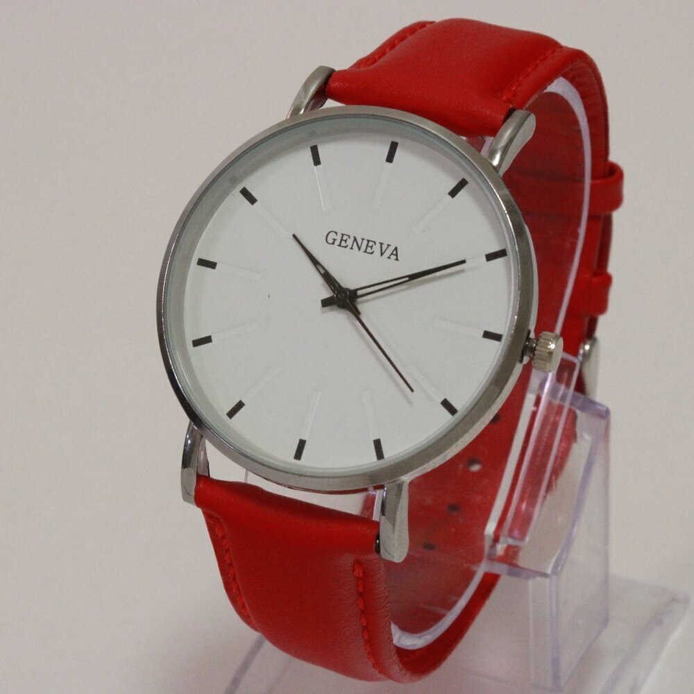Men's Minimalist Fashion Watch Silver Case White Dial Red Strap 40mm - Picture 4 of 14